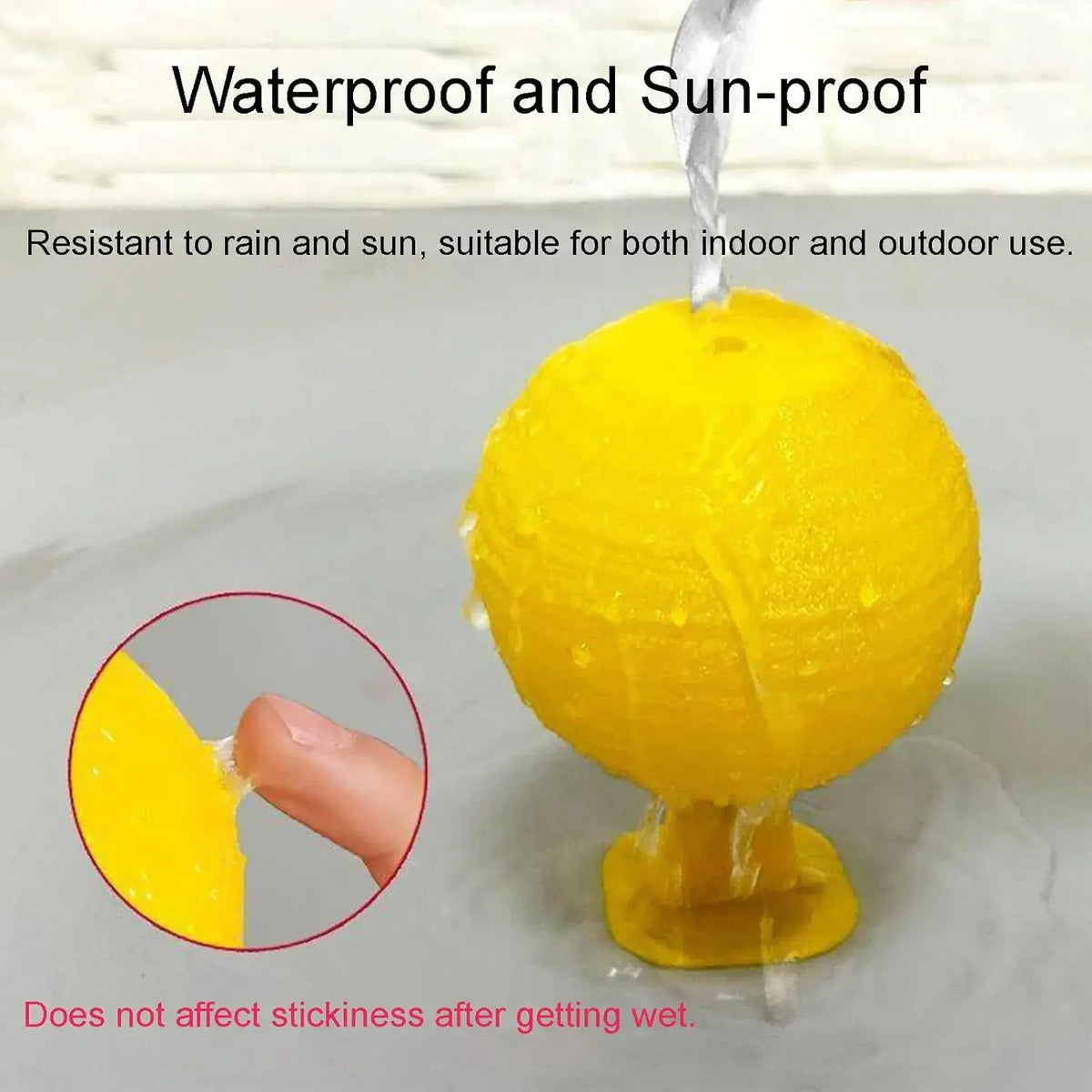 A yellow sticky fruit fly trap ball being dropped into water, demonstrating waterproof and sun-proof properties.