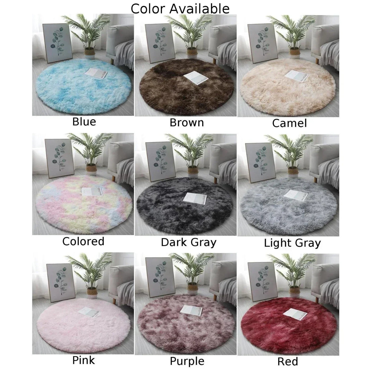 A collection of shaggy circle area rugs in various colors including blue, brown, camel, colored, dark gray, light gray, pink,