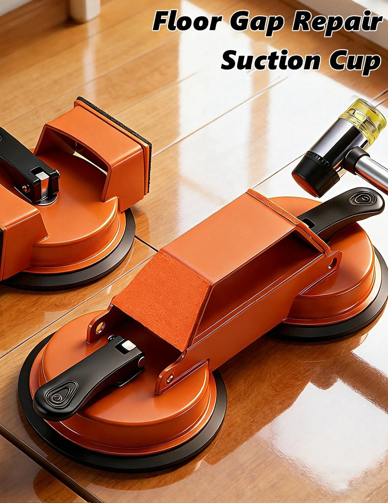 An orange floor gap repair tool with a suction cup is shown on a wooden floor.