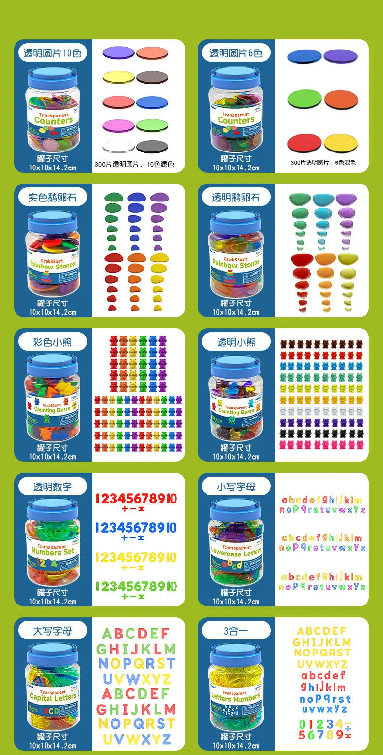 A set of colorful transparent letters and numbers for sensory learning, including uppercase, lowercase, and numbers sets.