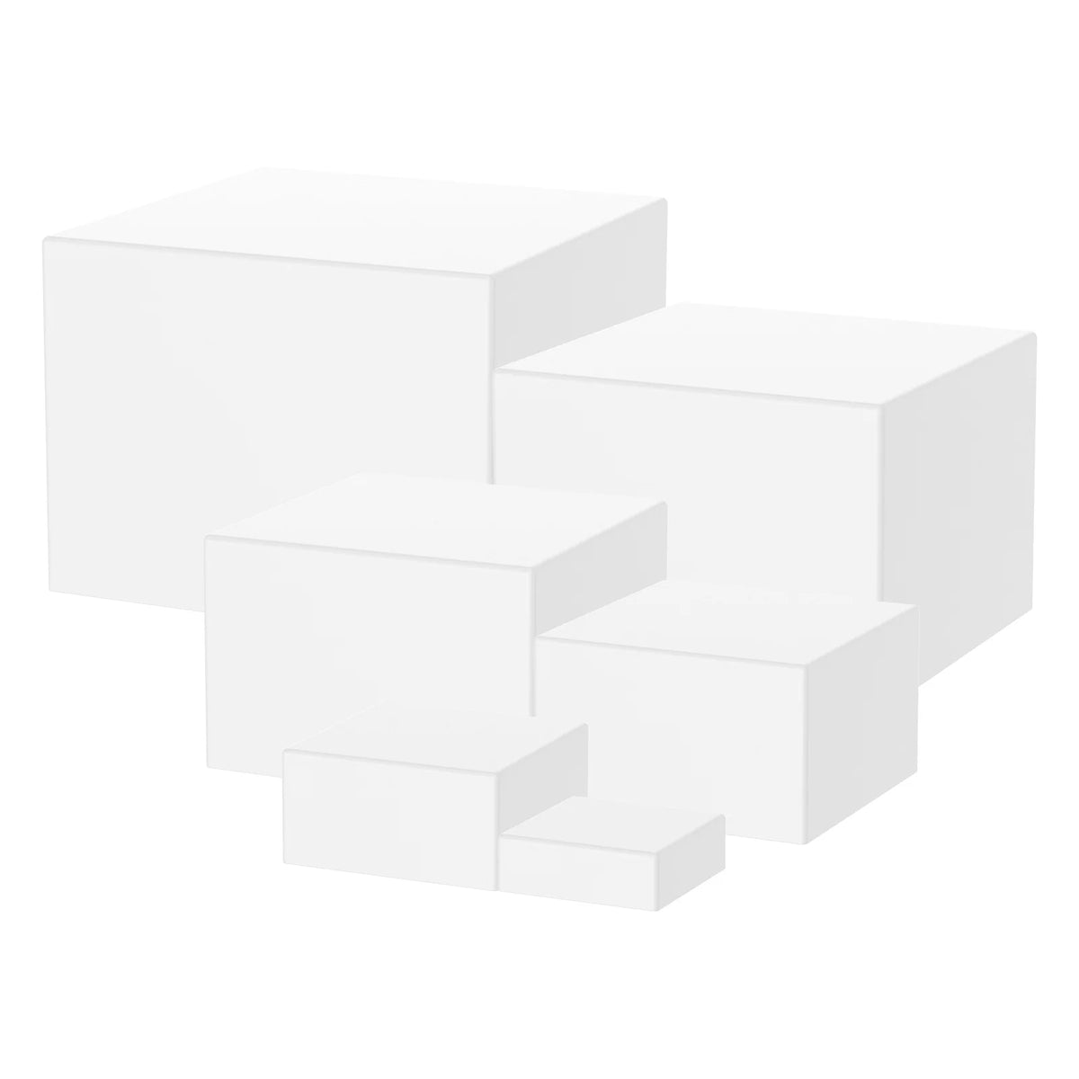 A stack of white acrylic display risers used for desserts and party buffets.