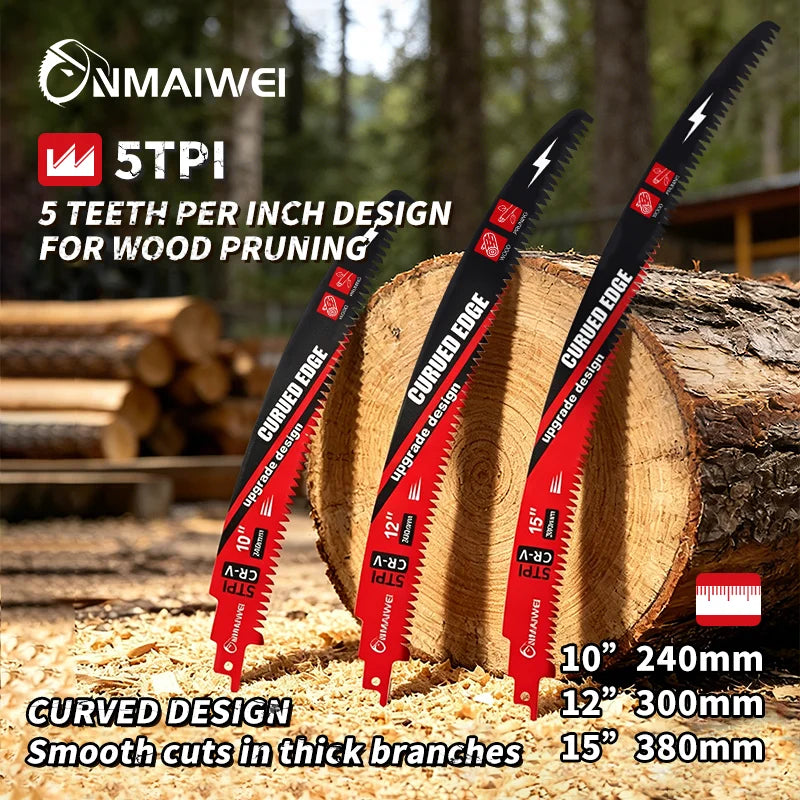 A set of five curved steel reciprocating saw blades for wood pruning in various sizes and designs