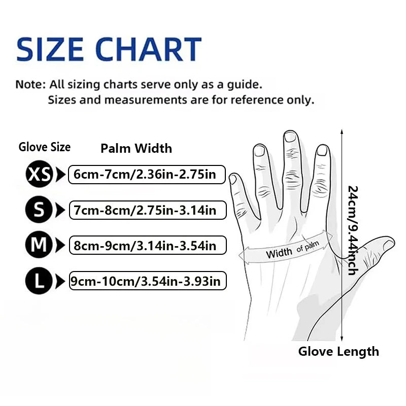 Size chart showing glove sizes XS to L with corresponding palm widths and lengths for disposable pink nitrile gloves