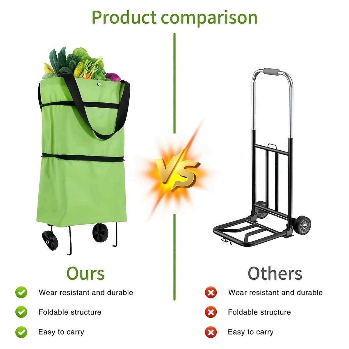 Comparison of a green foldable rolling shopping bag versus a black metal stand.
