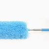 A bright blue extendable microfiber duster with a handle is shown against a white background.