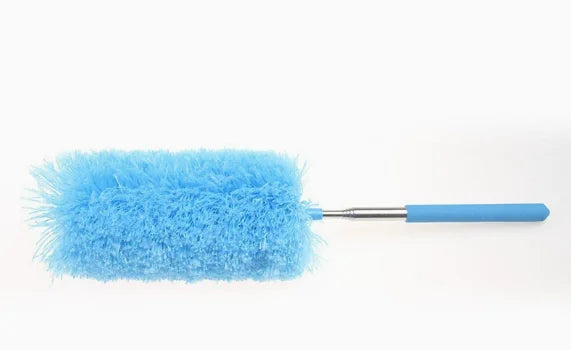 A bright blue extendable microfiber duster with a handle is shown against a white background.