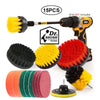 A cleaning kit featuring a drill brush, various foam pads, and brush extensions for home and auto detailing.
