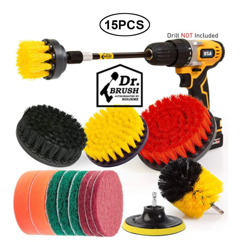 A cleaning kit featuring a drill brush, various foam pads, and brush extensions for home and auto detailing.