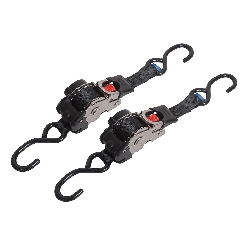 Ein Paar robuste Edelstahl-Ratschen-Seilsicherungsriemen mit schwarzem Webbing und Metallbeschlägen.