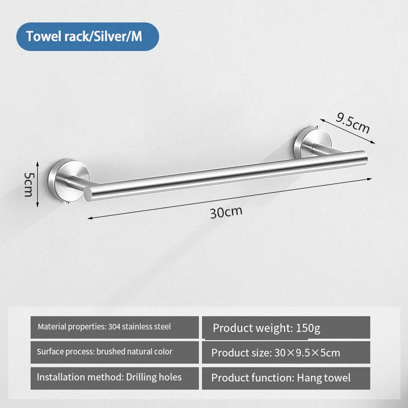 A silver stainless steel towel rack with a 30cm bar and mounting holes for hanging towels.