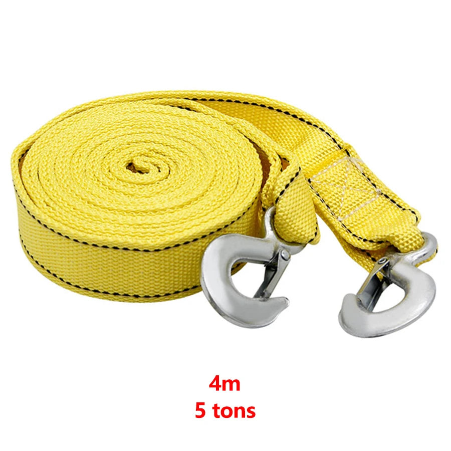 Yellow heavy-duty car tow strap with hooks, 4 meters long and rated for 5 tons.