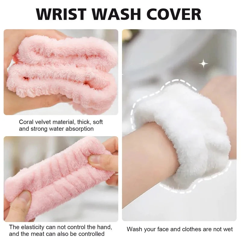 Pink velvet wrist wash cover made of thick, soft material for face and cloth protection