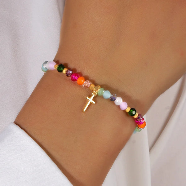 Cross-Shaped Crystal Bead Bracelet