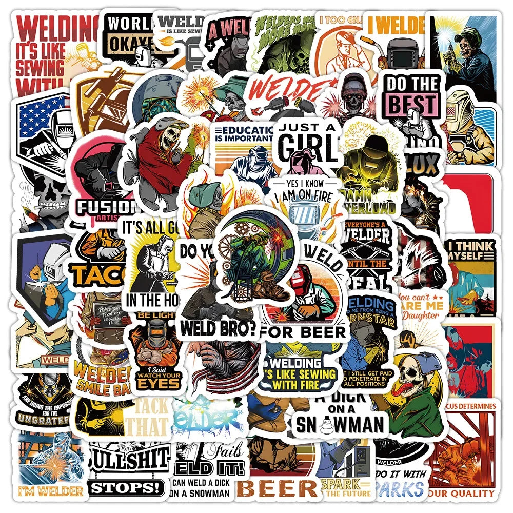 Sammlung von Cartoon-Schweißermarken-Stickers mit witzigen Texten über Schweißen und Werkzeuge.