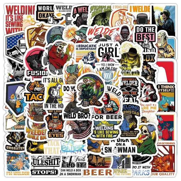A collection of cartoon welder graphic stickers featuring various witty and humorous text related to welding and tools.