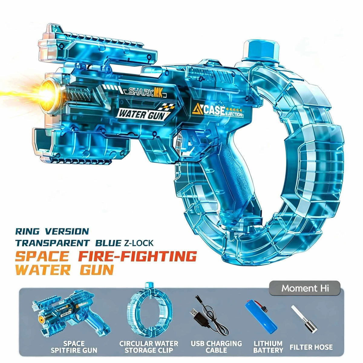حلقة Z-lock زرقاء شفافة مسدس ماء إطفاء فضائي مع تأثير إطلاق مرئي.