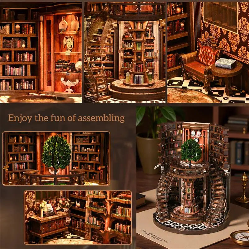 A DIY wooden book nook miniature kit featuring detailed shelves and decorative elements for shelf décor.