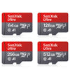 Four SanDisk Ultra microSD cards in different capacities: 64GB, 128GB, 256GB, and 512GB.