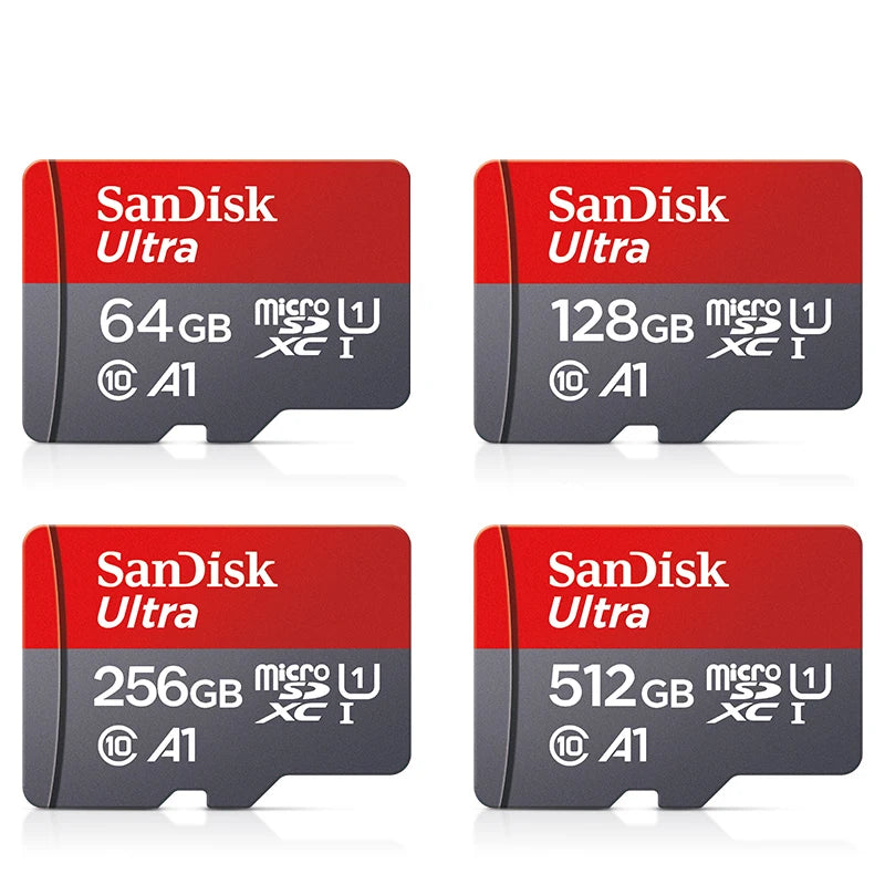 Four SanDisk Ultra microSD cards in different capacities: 64GB, 128GB, 256GB, and 512GB.