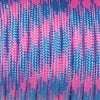 Close-up of pink and blue 7-strand paracord rope coiled for camping and climbing.
