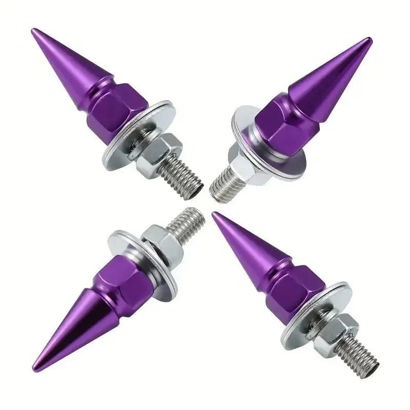 A set of purple rust-resistant license plate screws with pointed tips and threaded heads.