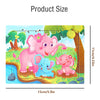 A jigsaw puzzle featuring pink and blue elephants in a lush green jungle setting.