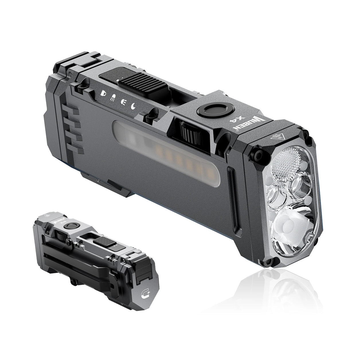 A black Wuben X4 compact EDC flashlight with an illuminated lens and body is shown on a white background.