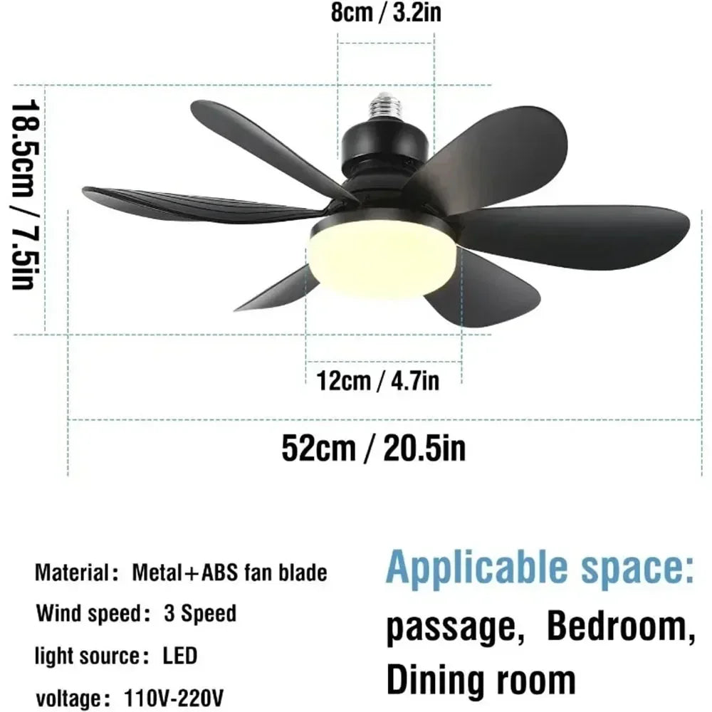 Black LED ceiling fan light with a large blade and housing, suitable for passage, bedroom, or dining room.