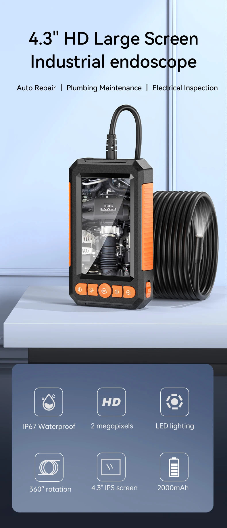 Professional 1080P Dual-Lens Endoscope Inspection Camera with 4.3" LCD Screen