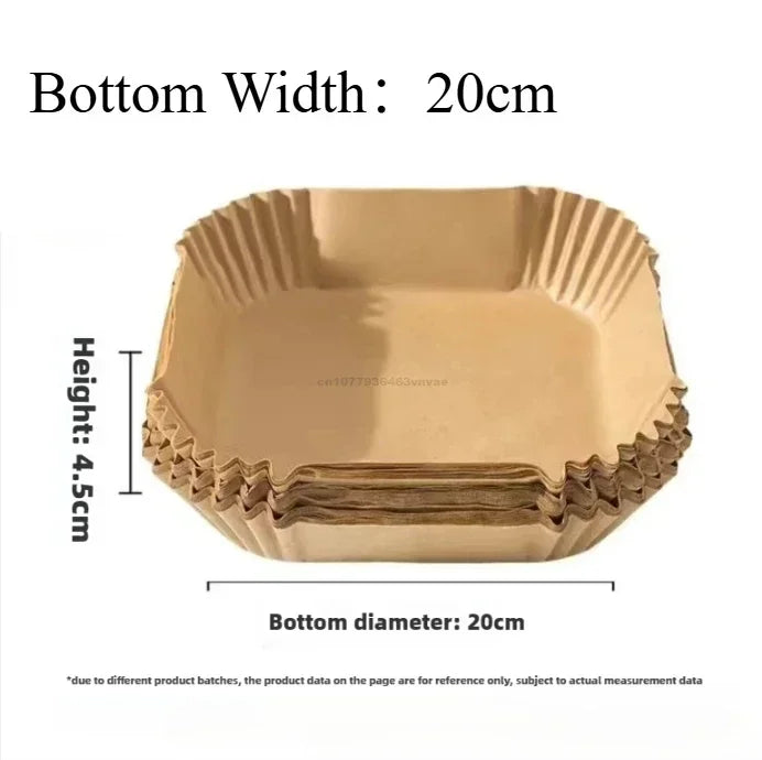 A square disposable air fryer parchment paper liner with a bottom width of 20cm and a height of 4.5cm.