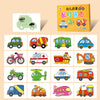 A set of wooden animal and vehicle puzzles packaged in a storage box featuring various colorful vehicles and animals.