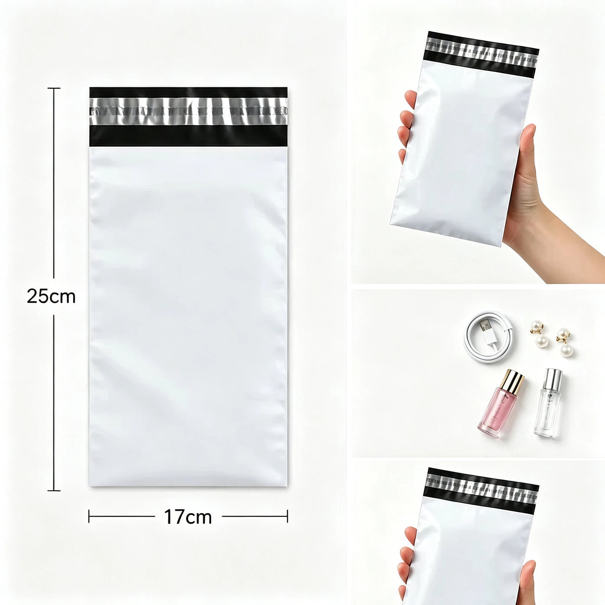 A white self-sealing mailing bag is shown next to a hand, with dimensions marked.