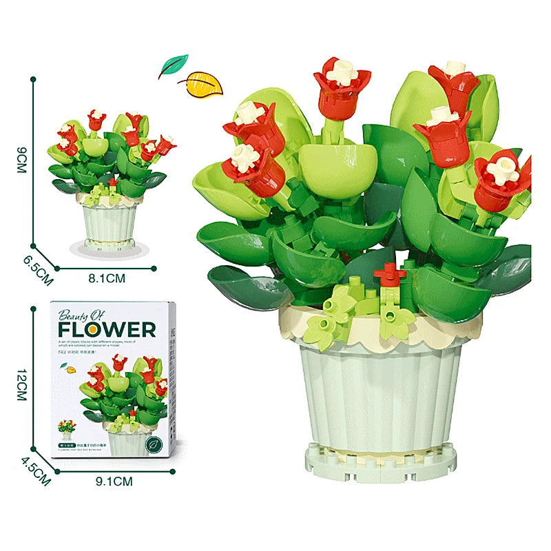 A set of creative flower pot building blocks featuring roses, sunflowers, and carnations in green and red colors.