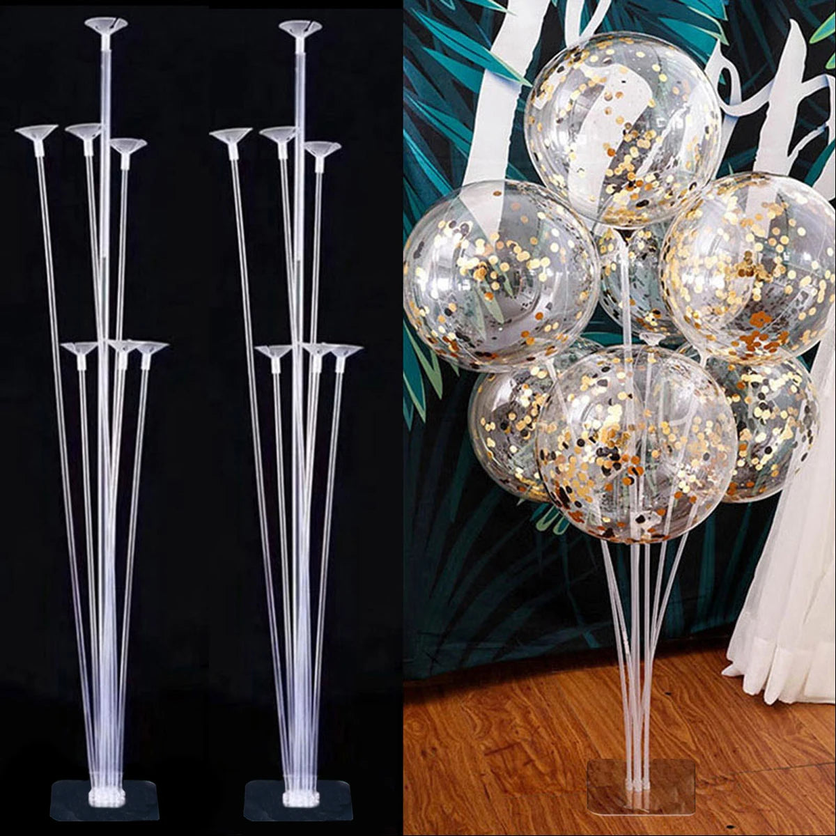 Two clear plastic balloon column stands displayed against a dark background.