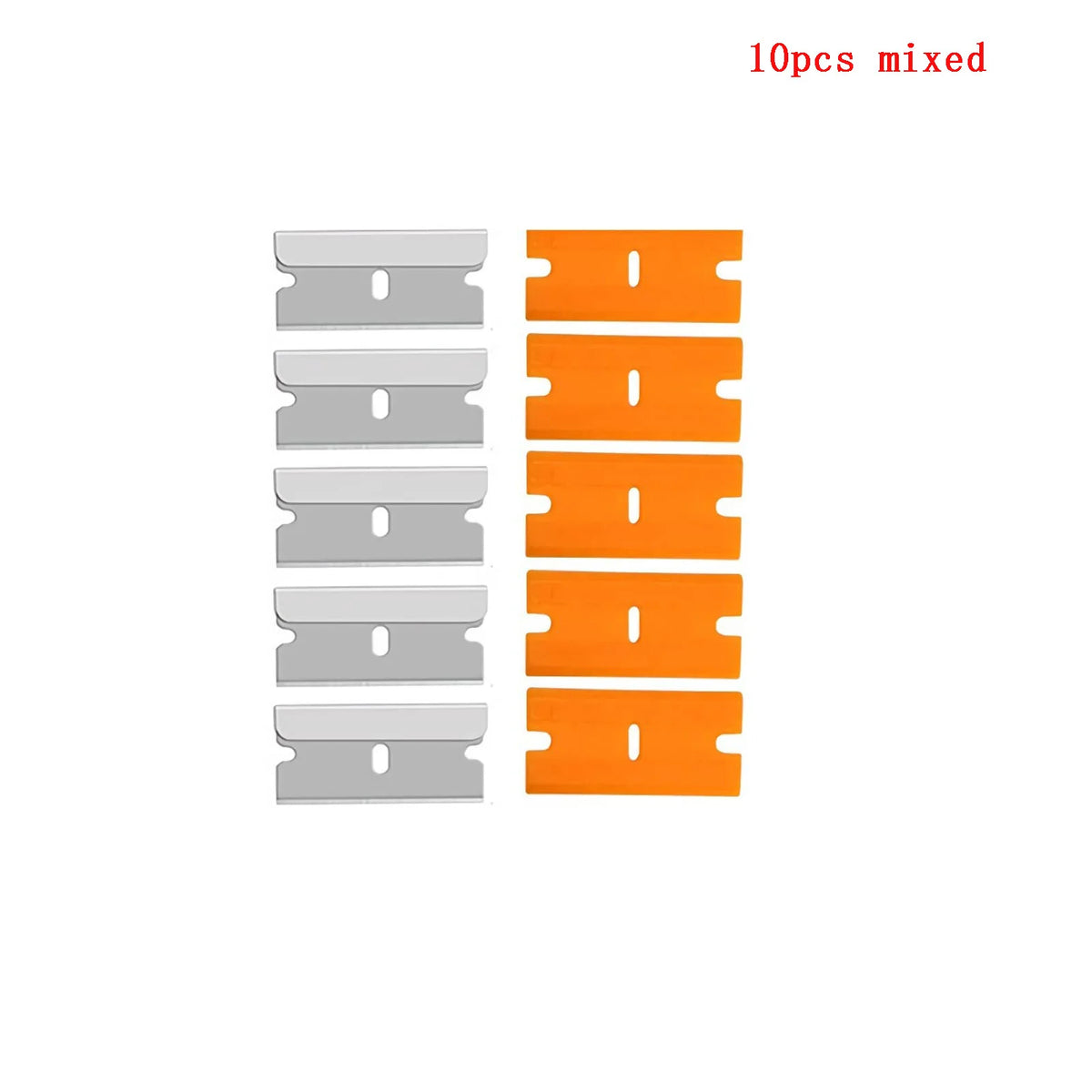 A set of 10 mixed razor blade scraper tools, consisting of five silver and five orange blades.
