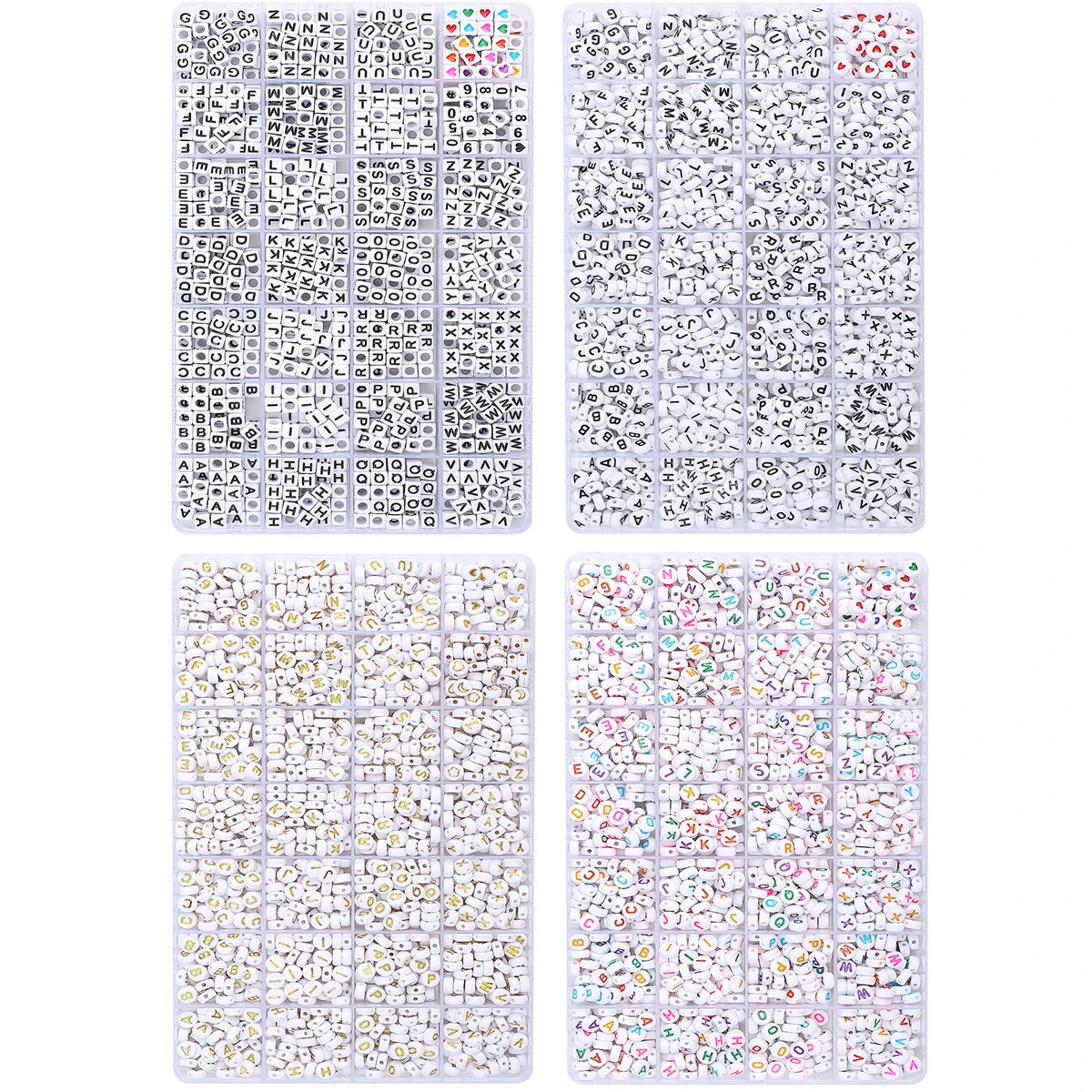 A set of acrylic letter beads with grid storage boxes for jewelry making