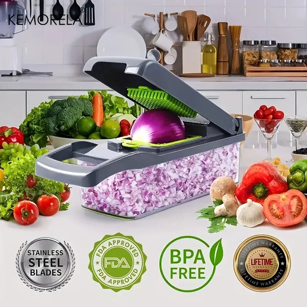 A purple vegetable chopper with stainless steel blades is shown on a kitchen counter next to fresh vegetables.