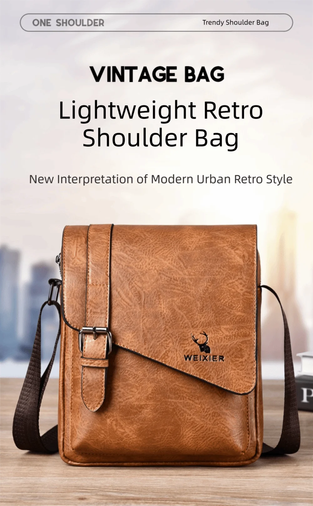 A brown vintage leather shoulder bag with a flap and adjustable strap is displayed on a wooden surface.