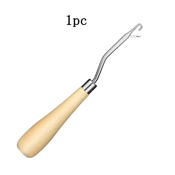 A single plastic latch hook needle with a wooden handle for crochet, dreadlocks, and rug making.