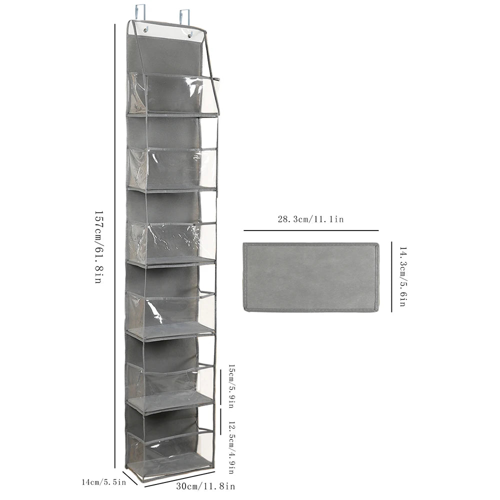 A tall, rectangular over-the-door hanging organizer with multiple clear compartments for storage.