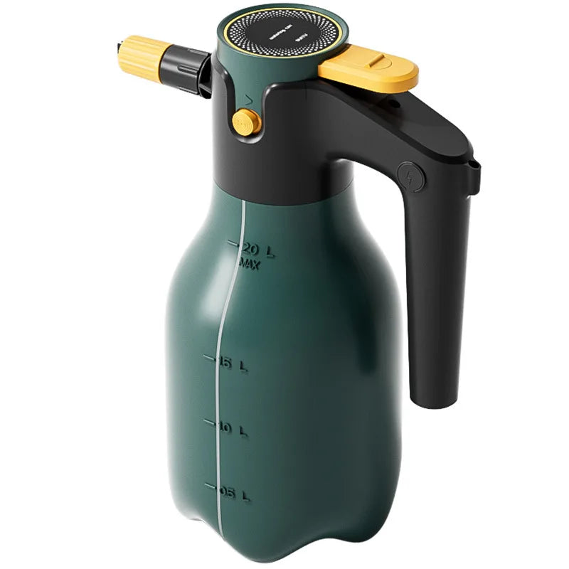 A dark green cordless electric foam sprayer with a yellow nozzle and volume markings.