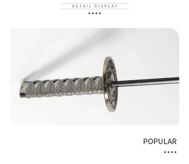 A close-up display of a Demon Slayer Katana umbrella featuring a textured silver handle and blade.