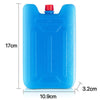 A blue reusable leak-proof ice pack with a red cap, shown with dimensions.