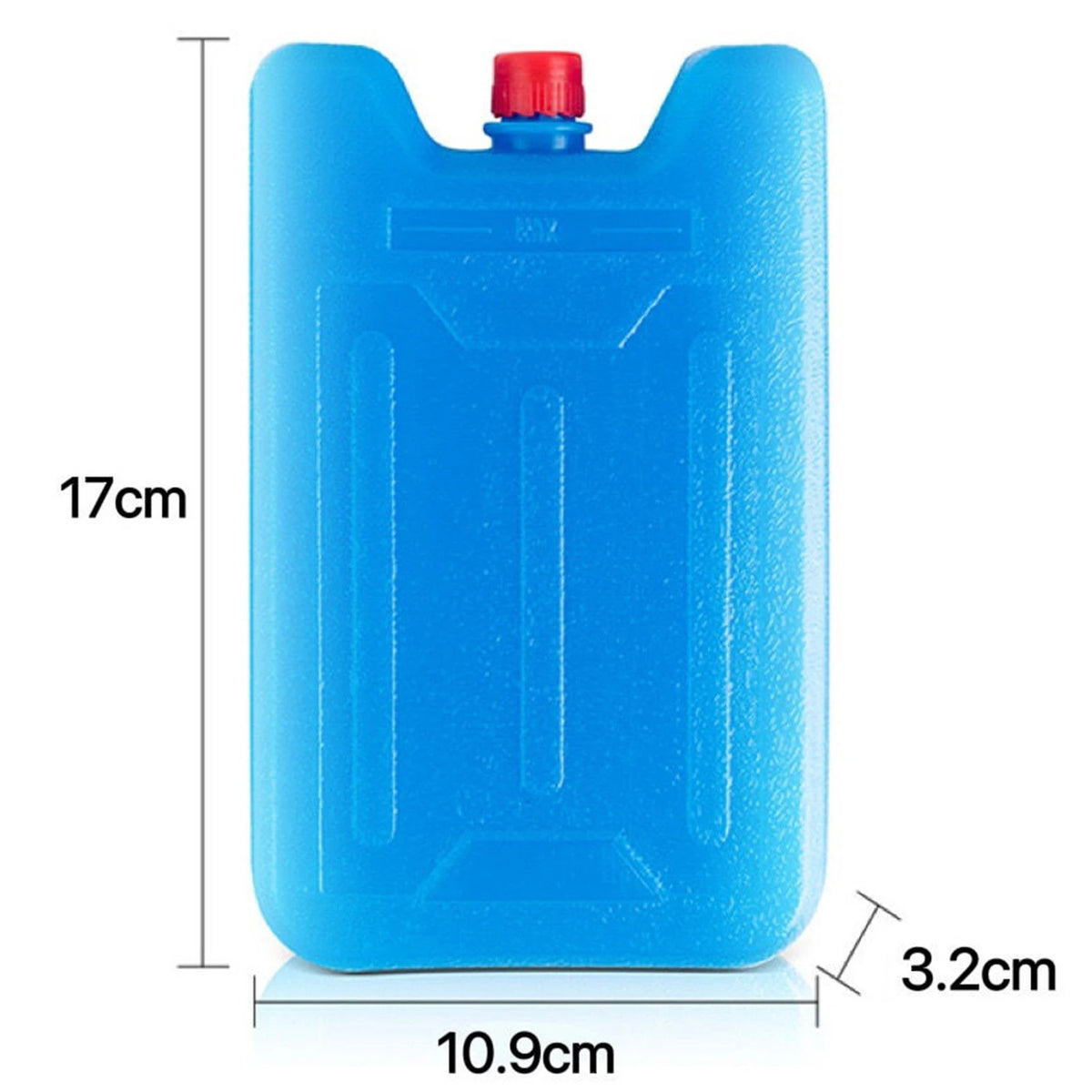 A blue reusable leak-proof ice pack with a red cap, shown with dimensions.