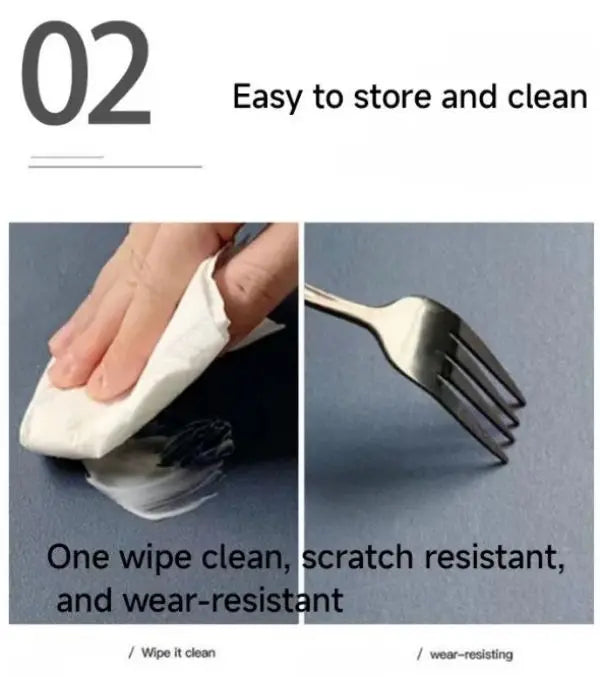 A hand wipes a silver fork with a white wipe, demonstrating the product's scratch-resistant and wear-resistant features.