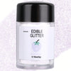A clear jar of edible glitter powder labeled Edible Glitter from Colaele with a black lid.