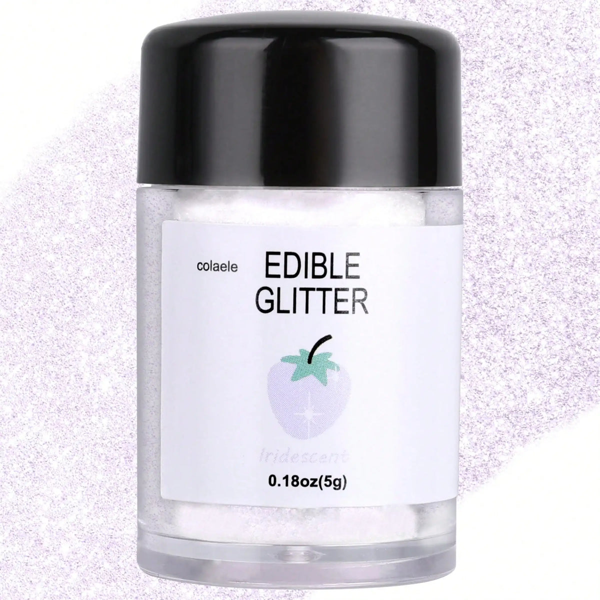 A clear jar of edible glitter powder labeled Edible Glitter from Colaele with a black lid.