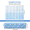 A set of ergonomic crochet hooks in various sizes from 2.0 to 10.0 mm with a blue bee design, packaged in a blue case.