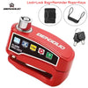 A red lock box featuring an alarm disc lock, reminder rope, and keys for motorcycles and scooters.