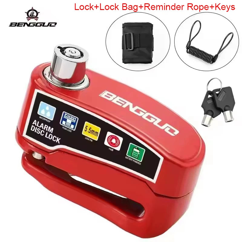 A red lock box featuring an alarm disc lock, reminder rope, and keys for motorcycles and scooters.